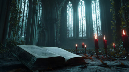 An abandoned chapel amidst towering trees, black candles flickering around an open manuscript. A quiet wind lifts the pages, casting ghostly shadows.