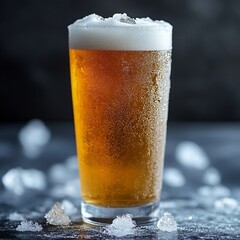 Refreshing Pint of Golden Beer with Ice Cubes on Dark Background