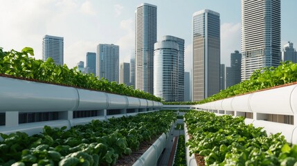 Fototapeta premium Urban Vertical Farming with Fresh Greens and City Skyline View