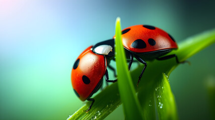 Fototapeta premium Micro photography of on a Blade of Grass: Nature's Tiny Marvel. Generative AI.