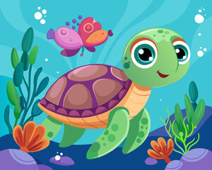 Adorable Cartoon Sea Turtle in a Vibrant Underwater Scene with Colorful Coral and Fish.