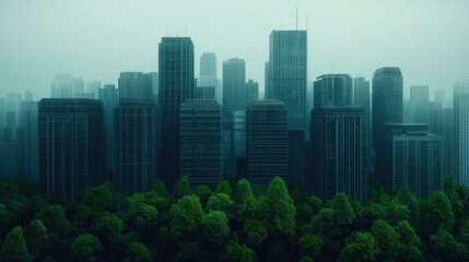 Fototapeta premium Misty Urban Skyline with Green Trees in Foreground at Dawn