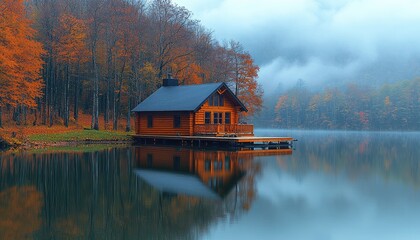 Fototapeta premium Autumnal Cabin Lakeside Tranquility Scenic View