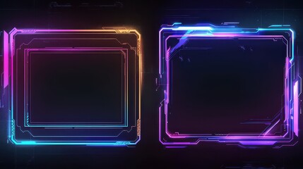 Game stream frames. Glow theme for live conference of gaming streamers, hud frame twitch streaming media gamer broadcast webcam box video screen, garish vector illustration of game screen futuristic