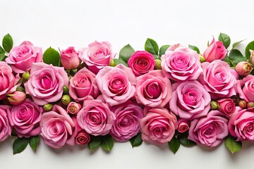 Pink Rose Bottom Border, Floral Decoration, Isolated White Background, Romantic Design Element, Wedding Decoration