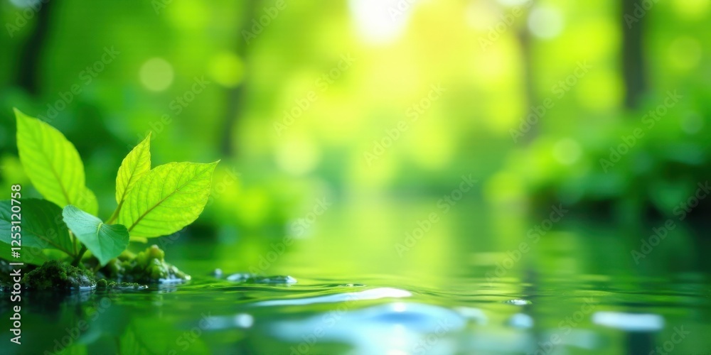 Poster serene green leaves emerging from a tranquil water surface in a lush forest setting