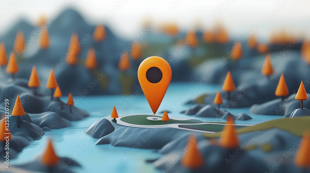 Aufkleber A minimalist abstract aerial view of a rugged mountainous landscape with a navigation pin icon prominently displayed representing the concept of wayfinding in a remote scenic environment