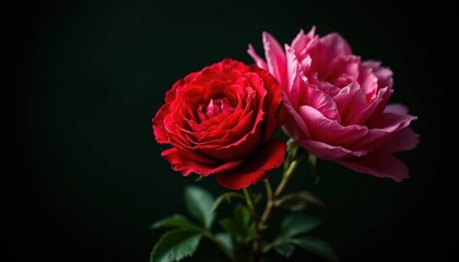 A vibrant red rose and delicate pink peony stand out against a dark background, highlighting their rich colors and intricate petals. This striking contrast creates a dramatic floral arrangement.