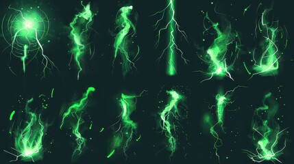 Glowing green lightnings. Electric storm, power thunder lightening glow effect magical circle energy neon light glowing cracks electrician thunderbolt