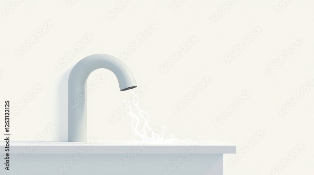 Poster abstract minimalist design of a curved faucet with a flowing liquid stream against a clean white bac