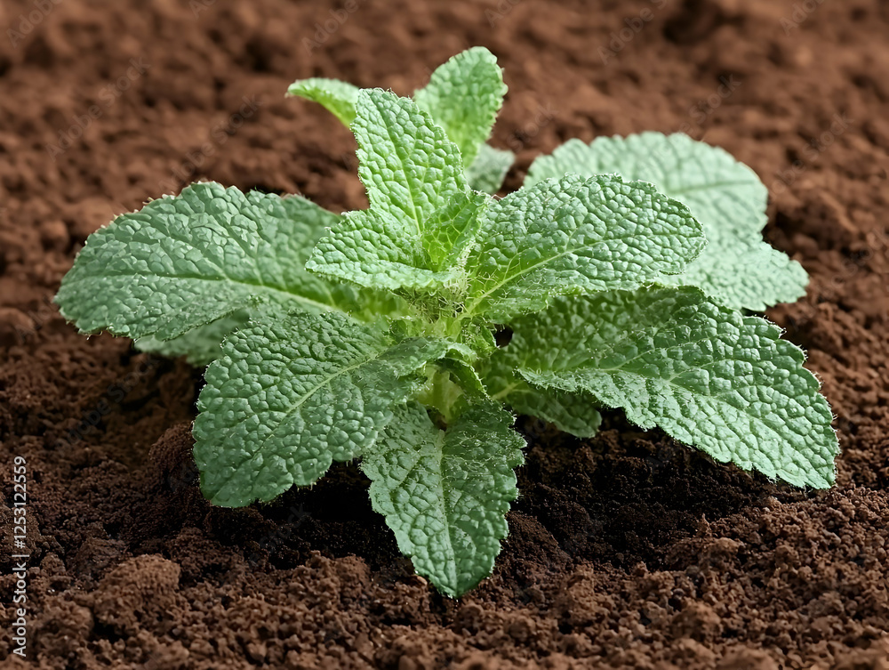 Poster Young mint plant growing in dark soil