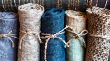 Linen fabric rolls arranged in a row, ideal for banners or poster