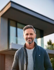 Fototapeta premium Standing confidently outside a stunning contemporary residence, a homeowner radiates happiness and pride, celebrating their recent achievement in property ownership under a clear sky