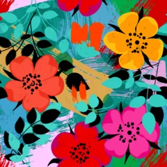 Gordijnen floral seamless background pattern, with flowers, paint strokes and splashes, multicolored © Kirsten Hinte