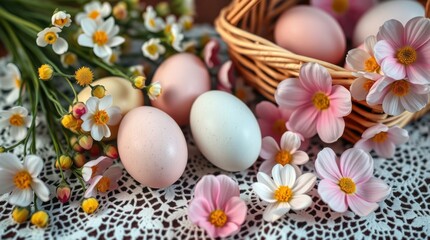 Pastel eggs nestled among delicate blossoms, capturing the essence of spring's gentle beauty.