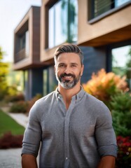 Fototapeta premium A happy individual stands confidently in front of a contemporary home, radiating pride and satisfaction in their new property surrounded by beautiful greenery and bright landscaping