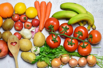 Background with healthy food, variety of vegetables and fruits, panoramic format.