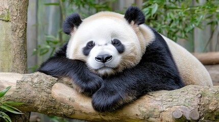 Fototapeta premium Relaxed panda resting on a branch in a zoo enclosure