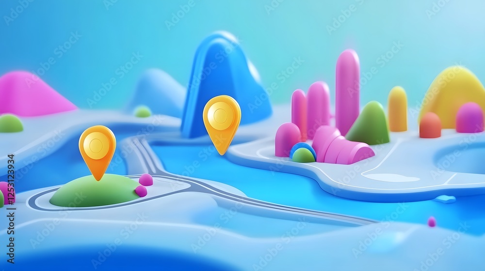 Aufkleber A whimsical and imaginative 3D depicting a vibrant stylized cartoon landscape with various colorful app interface elements such as pins pointers compass and map