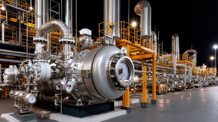 Fototapeta premium Night-time industrial plant, gas compressor, energy production