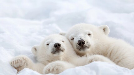 Two polar bear cubs sleeping in Arctic snow; wildlife conservation