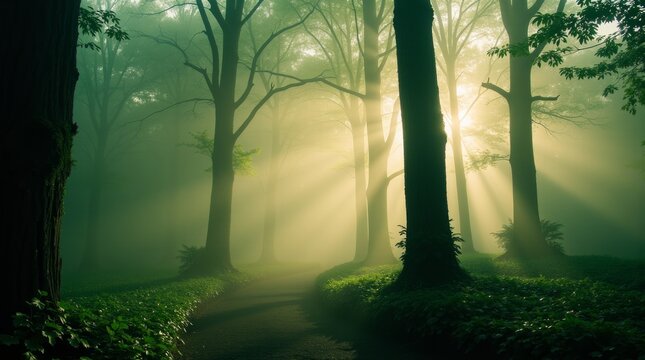 A misty forest in the early morning with tall, green trees and soft light filtering through the fog.