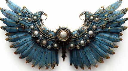 Two metal wings made of gears and cogs showing steampunk concept on white background