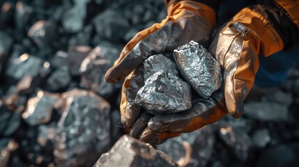 Miners are depicted holding platinum or silver or rare earth minerals found in a mine for inspection, emphasizing the discovery and evaluation process in mining