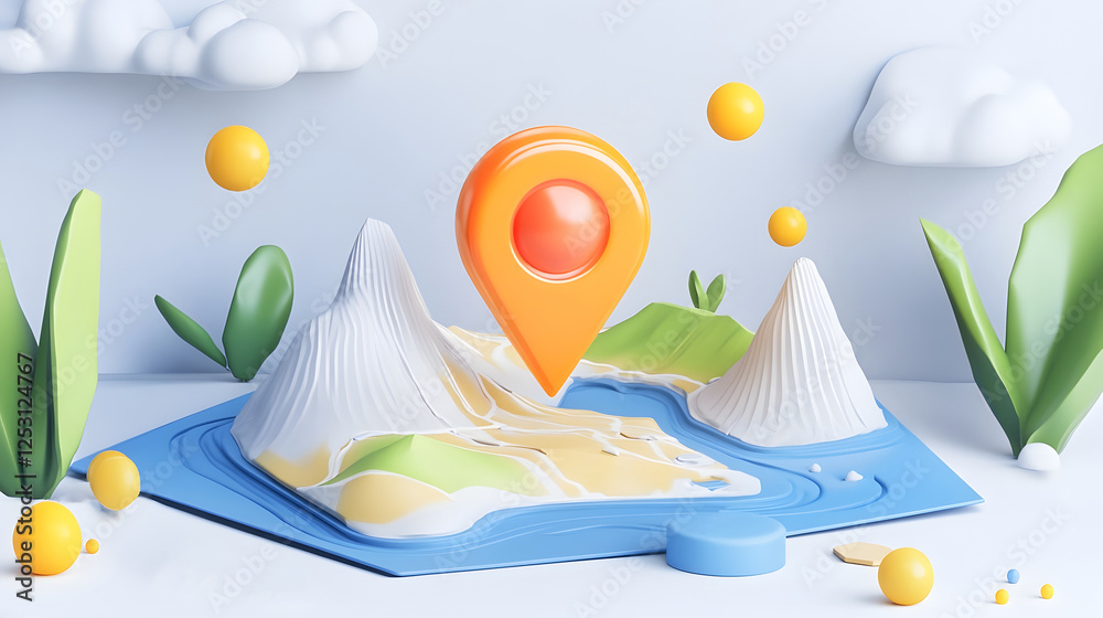 Poster Adventure Awaits Explore the Wilderness with a Navigational Map and Location Markers  This image depicts a conceptual landscape featuring a detailed map with colorful markers