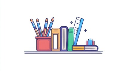 Fototapeta premium Colorful stationery and books on shelf, for education, school, or office supplies