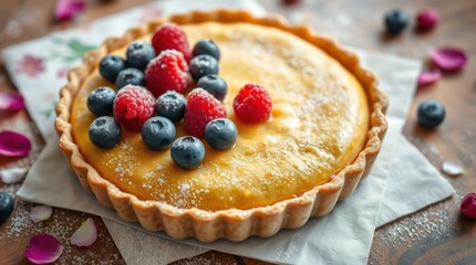 Delicious tart with custard filling and fresh berries, dusted with powdered sugar for a sweet treat.
