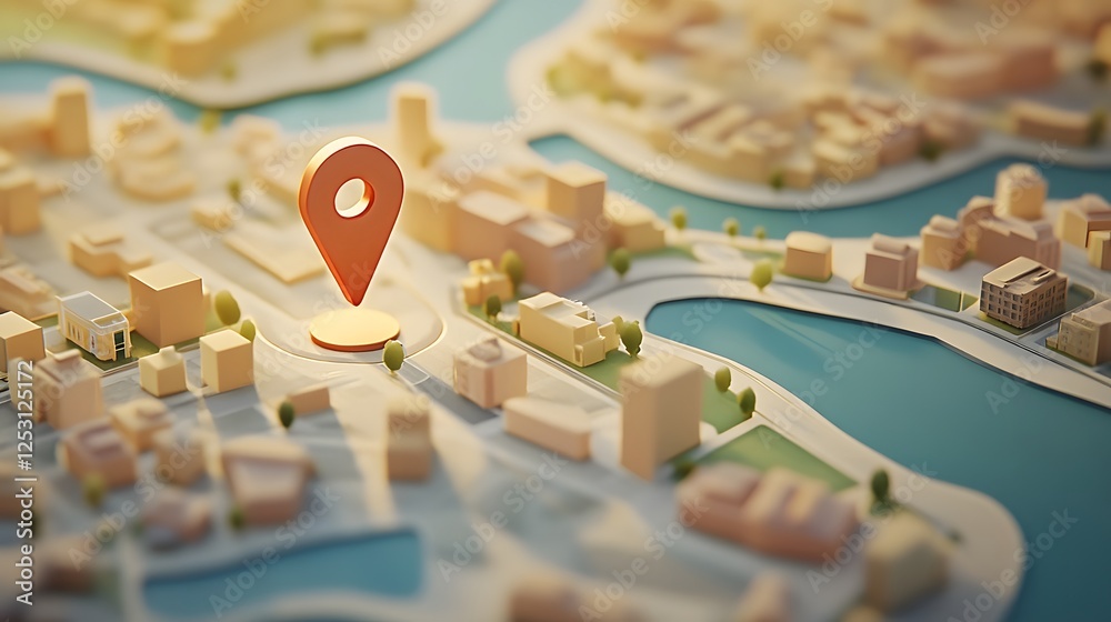 Fototapete Aerial 3D digital rendering of a modern city map with navigation pin marker showcasing the urban grid layout transportation infrastructure and landmarks for travel wayfinding