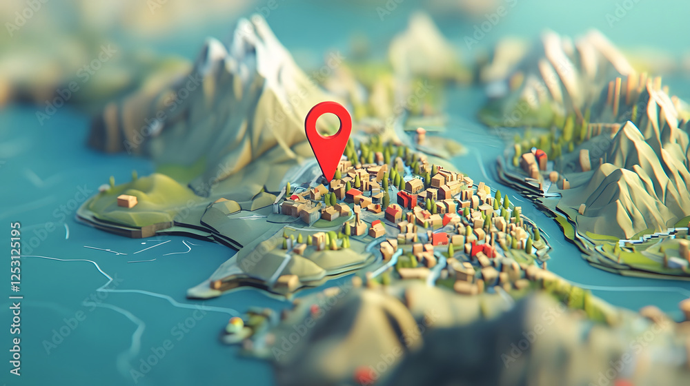 Poster aerial 3d digital topographic map showcasing a remote mountain landscape with a location pin for adv