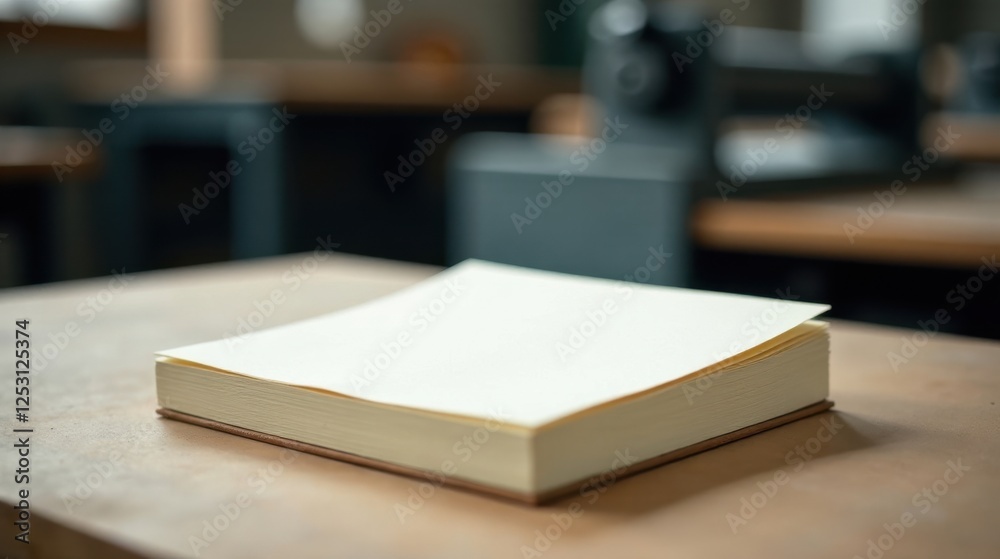 Aufkleber a blank cream-colored book resting on a light brown wooden table in a studio setting