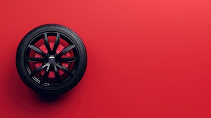 Modern car wheel with a disk on a red background and engine oil. Advertising poster. Car tires.Advertising banner for the sale