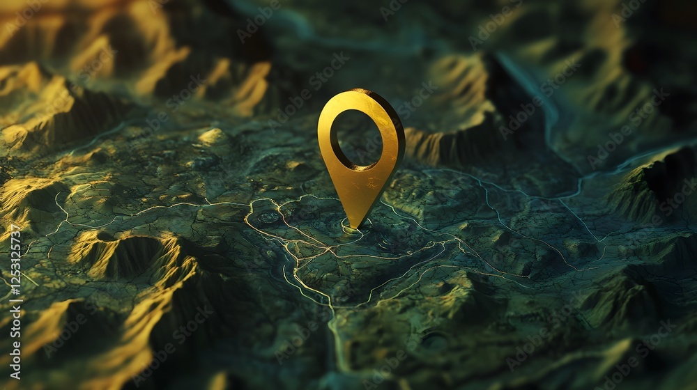 Poster Aerial 3D view of rugged mountain and forest terrain with digital map interface and pinpointed geographic landmark or location  Concept of technology powered mapping and wayfinding
