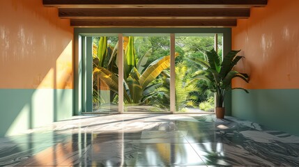 Modern contemporary loft empty room with open door to garden with sunlight