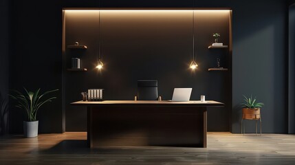 Open space office with modern wooden furniture, computers on tables.