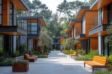 Obraz premium Modern Townhouses Courtyard Pathway Landscaping