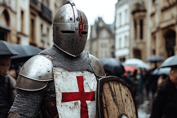 Fototapeta premium A modern street comes alive with the sight of a medieval knight in full armor walking through it, highlighting the juxtaposition