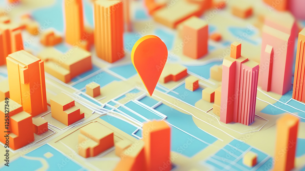Fototapete aerial isometric 3d of a modern city skyline with skyscrapers streets and a gps navigation location 