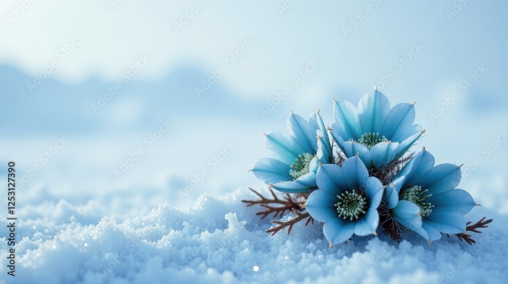 Poster a delicate cluster of light blue blossoms rests gently on a pristine blanket of snow, bathed in soft