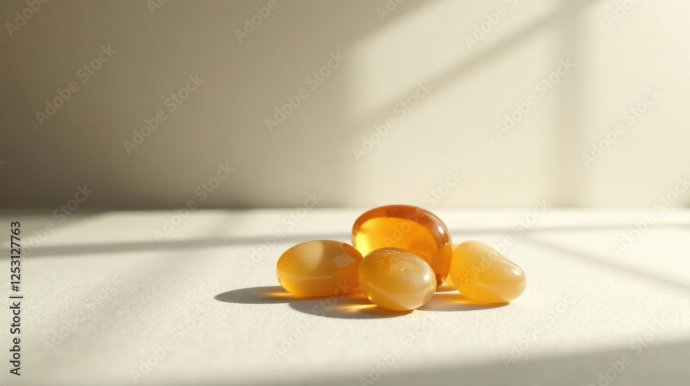 Poster sunlit amber stones on a soft surface a still life of smooth, polished, warm-toned gems displayed in