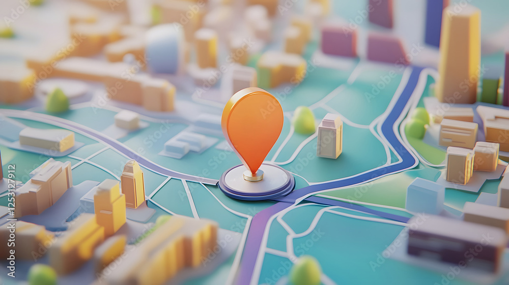 Poster Aerial overhead view of a city map with a GPS navigation pin pointer marker highlighting a specific location or route on the urban landscape of buildings streets and transportation infrastructure