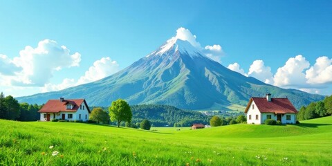 Fototapeta premium Idyllic Mountain Homescape Picturesque dwellings nestled on vibrant green meadows, overlooking a majestic snow-capped peak under a bright, sunny sky