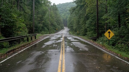 Rainy Forest Road, Wet Asphalt, Green Trees, Cloudy Sky. Possible use Stock photo for travel brochures, nature websites, or environmental campaigns.
