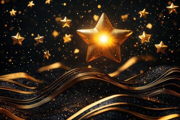Gold stars symbolize rising success with a luminous star at the center against an elegant black and gold backdrop
