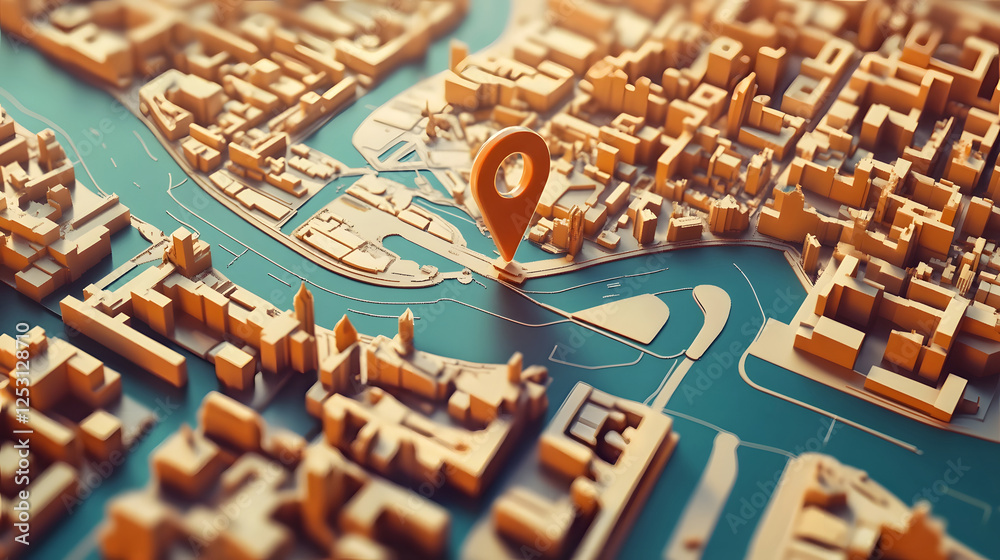 Aufkleber aerial overhead view of a detailed downtown city map with a red navigation pin pointer marking a spe