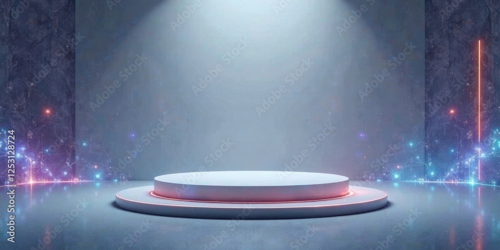 Poster elevated platform with glowing neon accents and abstract particle effects in a dark room