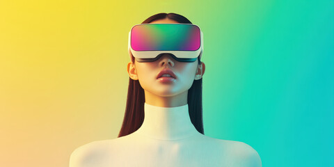 woman wearing futuristic virtual reality headset against colorful gradient background, showcasing technology and innovation